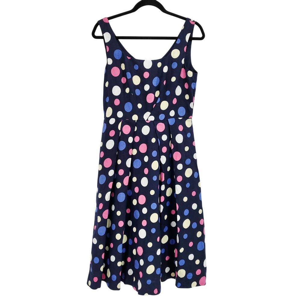 Laura Ashley Sleeveless Navy Blue Midi Dress 100% Linen Polka-Dots Women's Sz 8